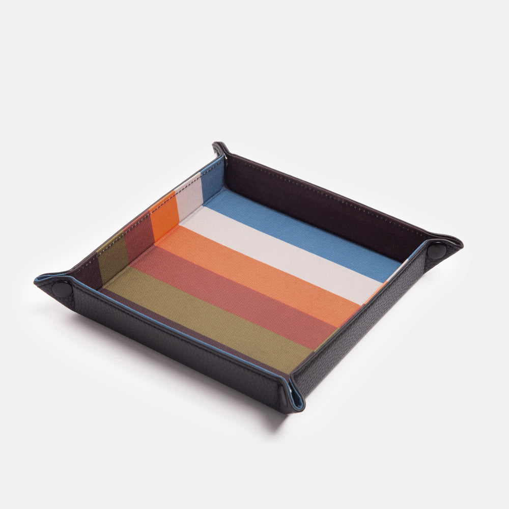 colourful retro stripe catch all key & coin tray with metal popper corners