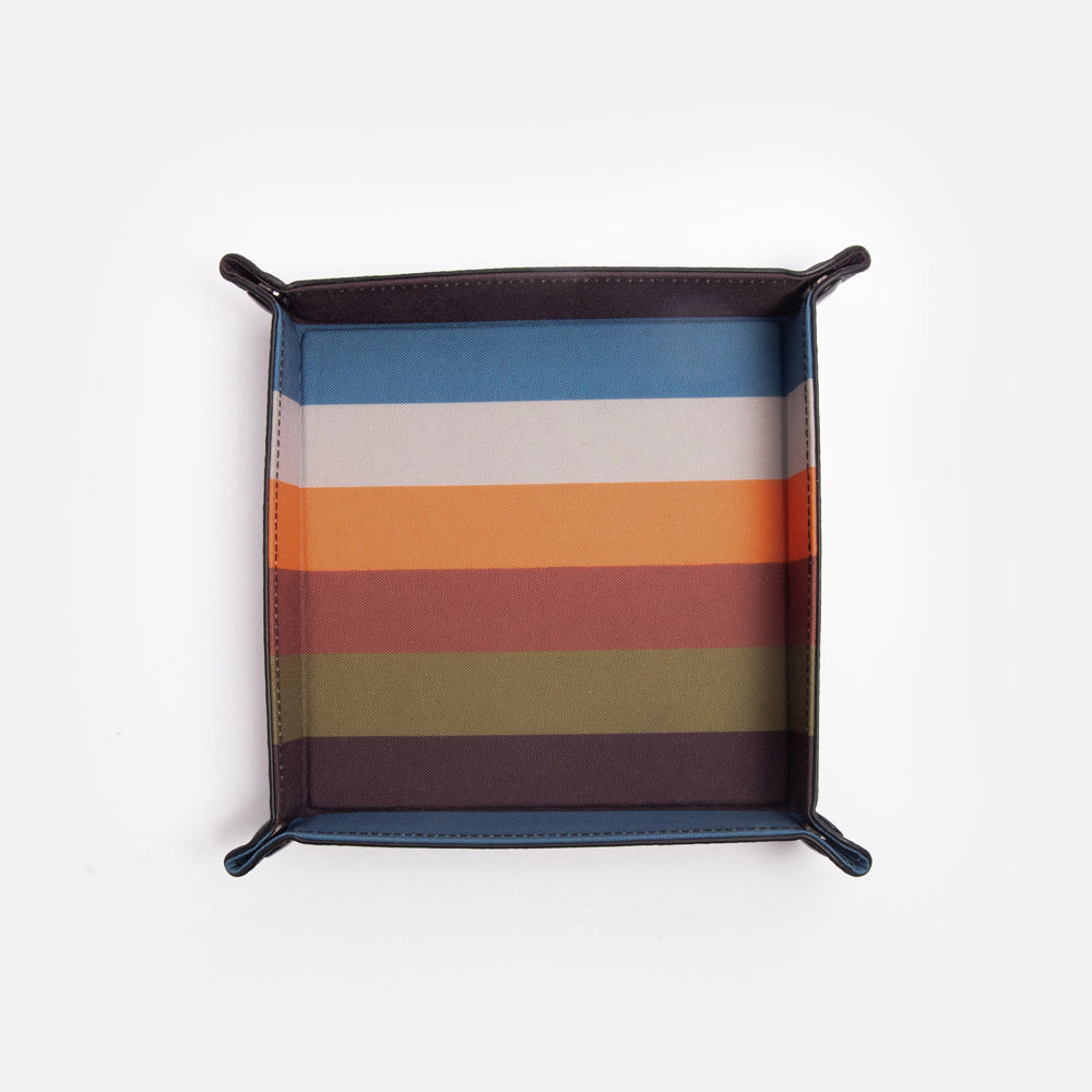 colourful retro stripe catch all key & coin tray with metal popper corners