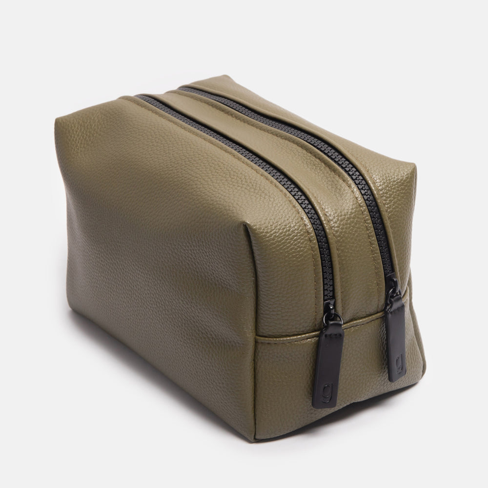 green leather look large travel washbag with double zip opening