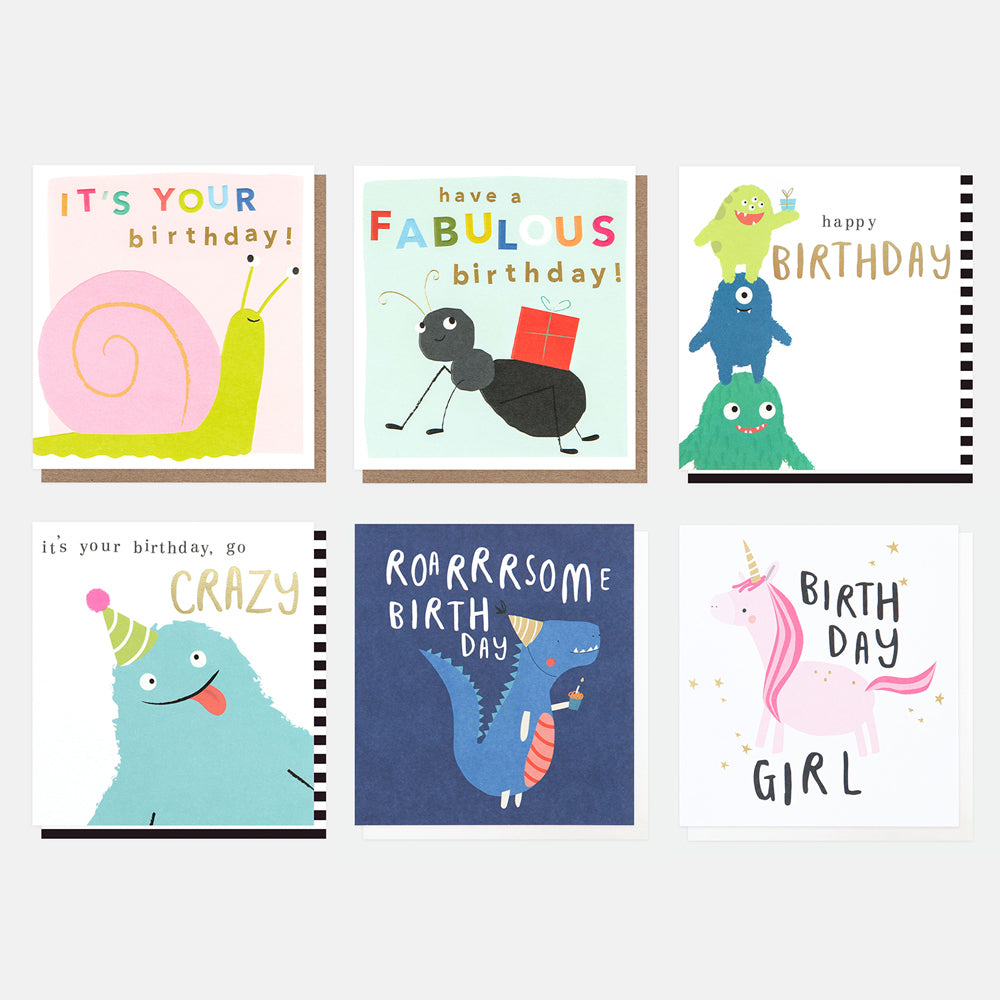 mixed designs pack of 6 birthday cards for kids