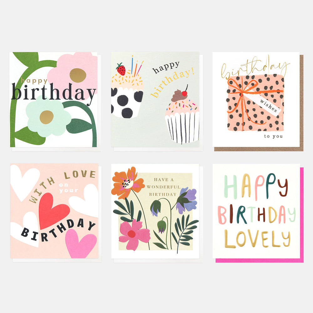 pack of 6 pastel coloured birthday cards in different designs