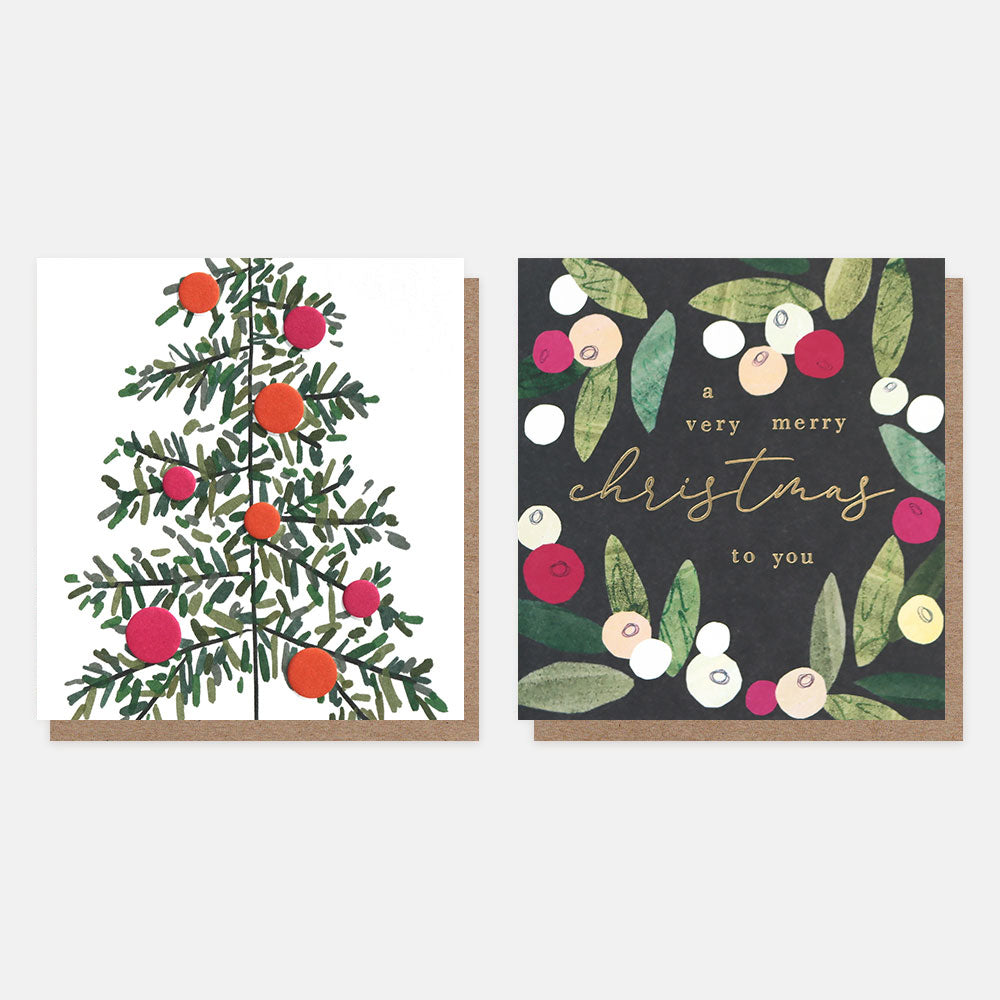 Charity Christmas card pack with 4 Christmas tree and 4 mistletoe cards with brown kraft envelopes 