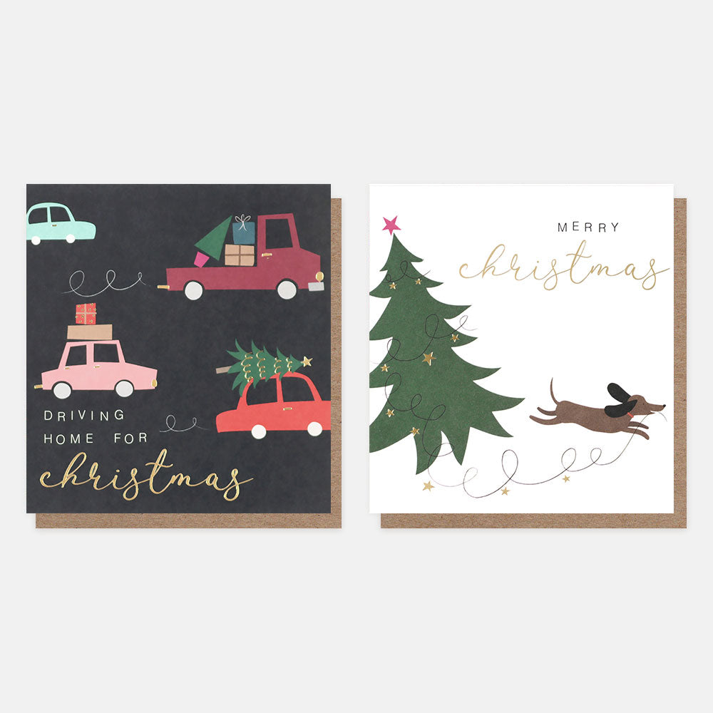 cars with presents and sausage dog with christmas tree charity cards pack of 8