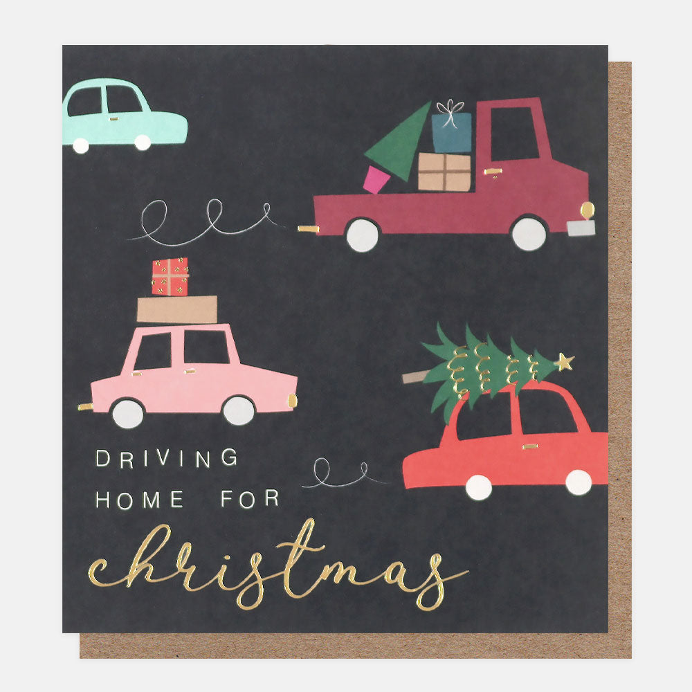 cars with presents charity Christmas card with brown kraft envelope. 