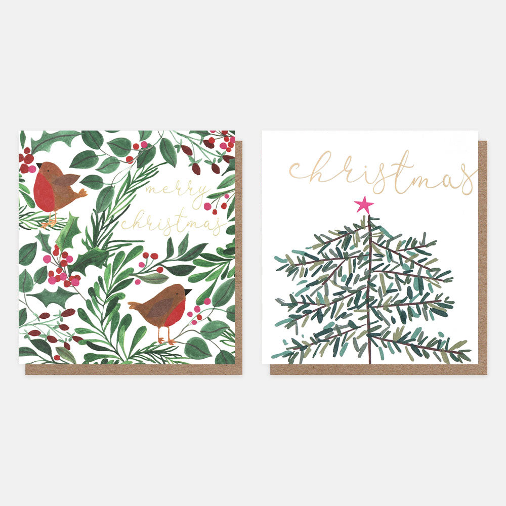 robins in foliage and Christmas tree charity cards pack of 8