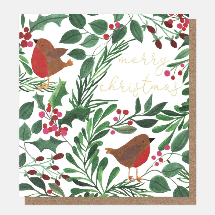 robins, holly and mistletoe charity Christmas card with brown kraft envelope