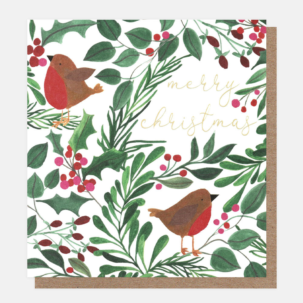 robins, holly and mistletoe charity Christmas card with brown kraft envelope