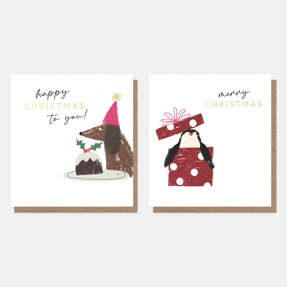 sausage dog and christmas pudding, and penguin in a present charity Christmas cards pack of 8