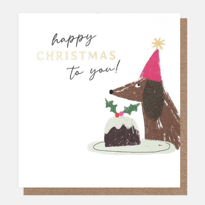 sausage dog and Christmas pudding charity card with brown kraft envelope. 