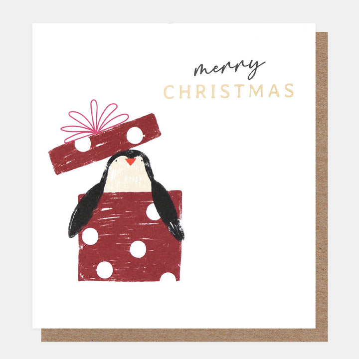 penguin in a present charity card with brown kraft envelope. 