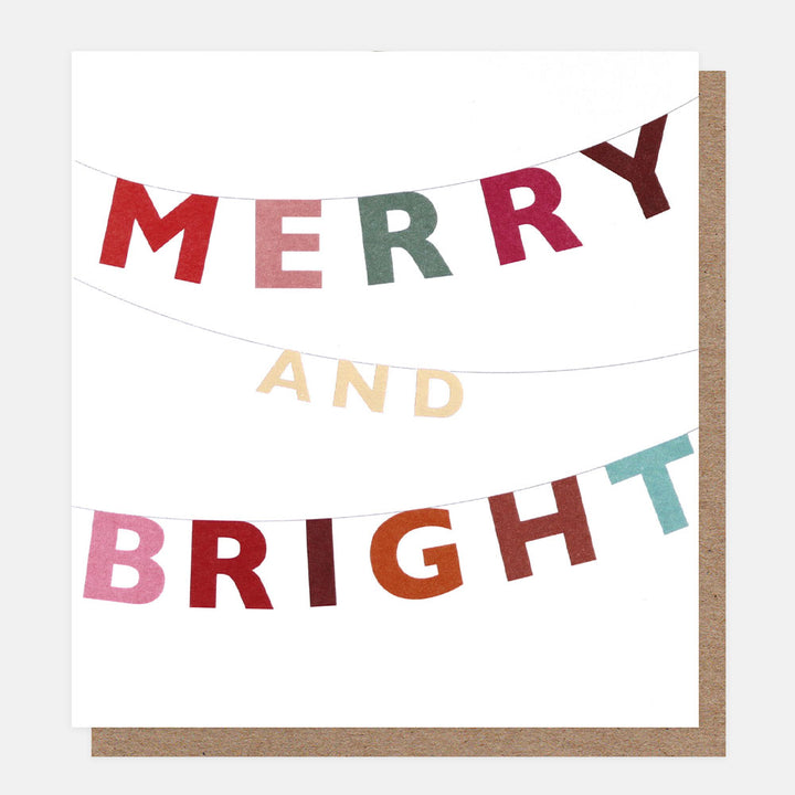 merry and bright bunting charity card with brown kraft envelope. 