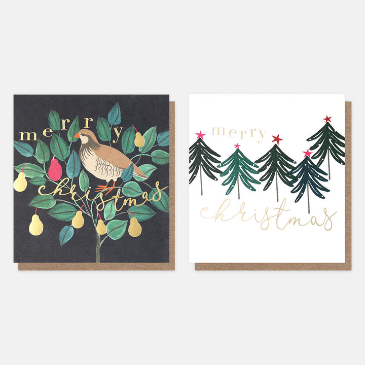 partridge in a pear tree and christmas trees charity christmas cards pack of 8
