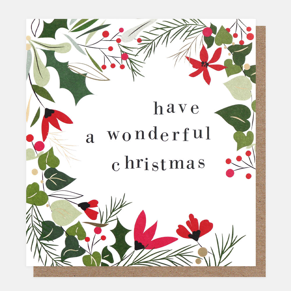 foliage wreath charity christmas card with brown kraft envelope