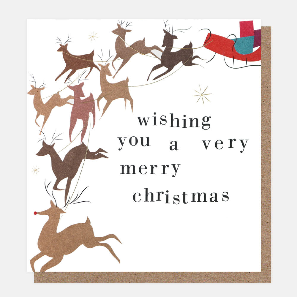 reindeer and sleigh charity christmas card with brown kraft envelope