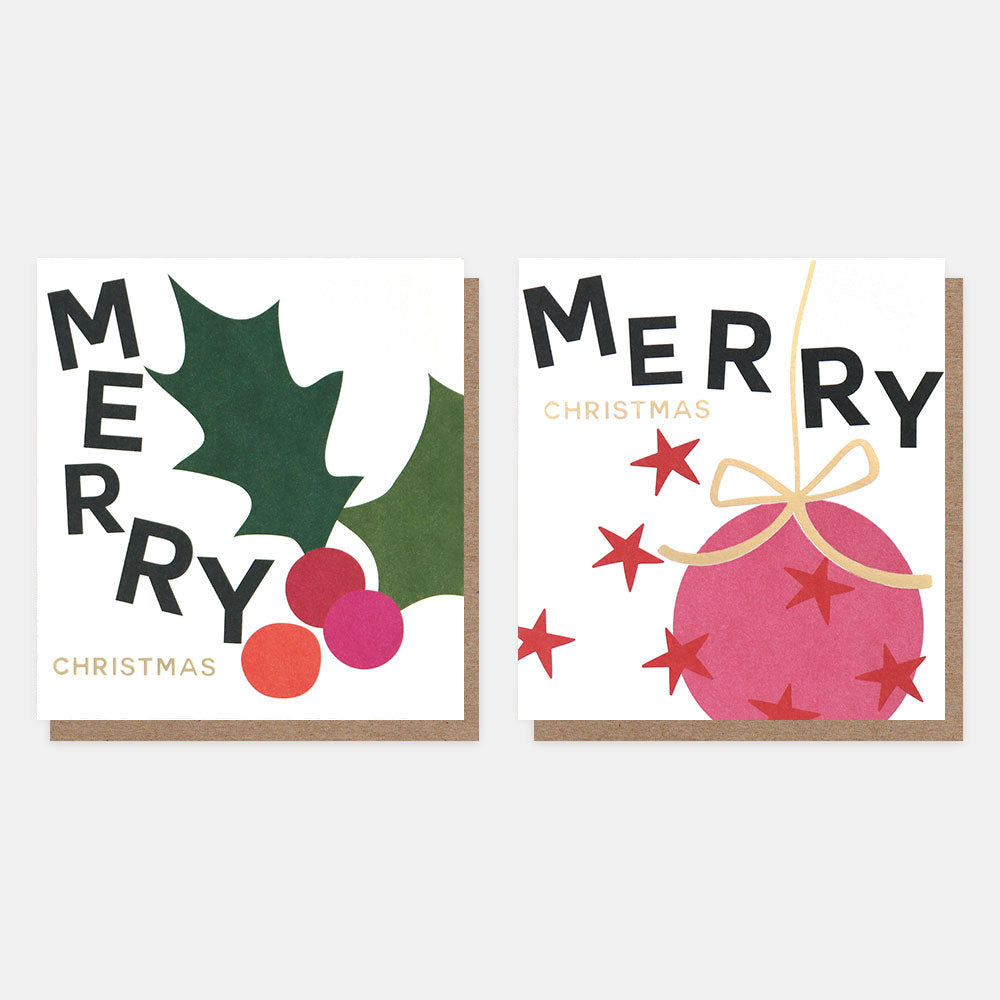 holly leaves and berries & bauble with stars charity Christmas cards pack of 8