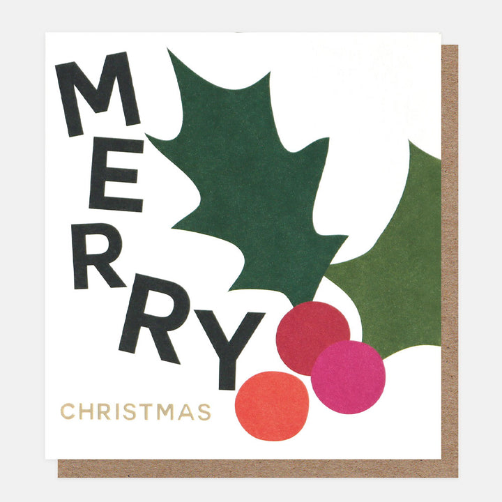 holly leaves and berries charity christmas card with brown kraft envelope