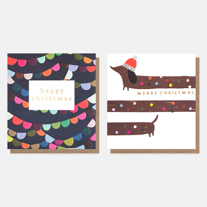 colourful bunting & sausage dog pack of 8 charity Christmas cards