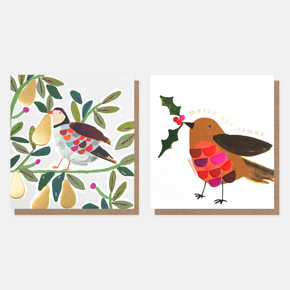 partridge in a pear tree & robin with a sprig of holly pack of 8 charity christmas cards