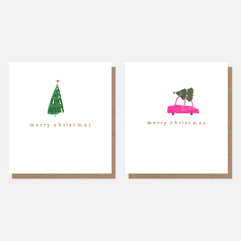 hand drawn christmas tree and car pack of 8 charity christmas cards