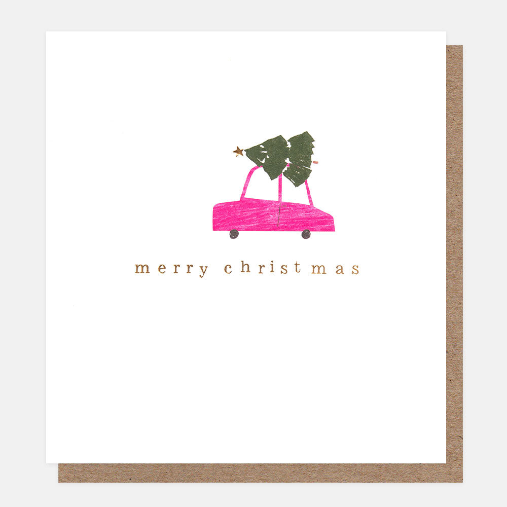 charity christmas cards with hand drawn pink car with a christmas tree strapped to the top