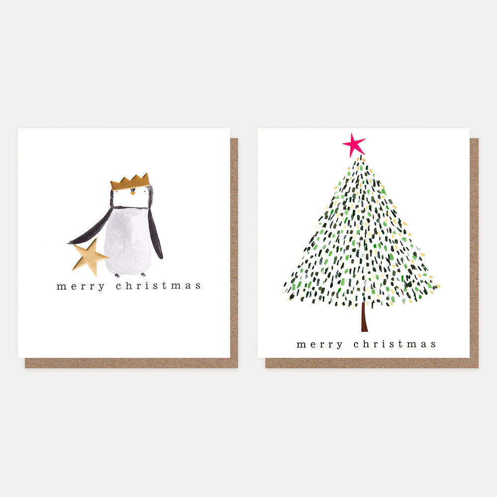 penguin with a gold star and gold & green tree pack of 8 charity christmas cards