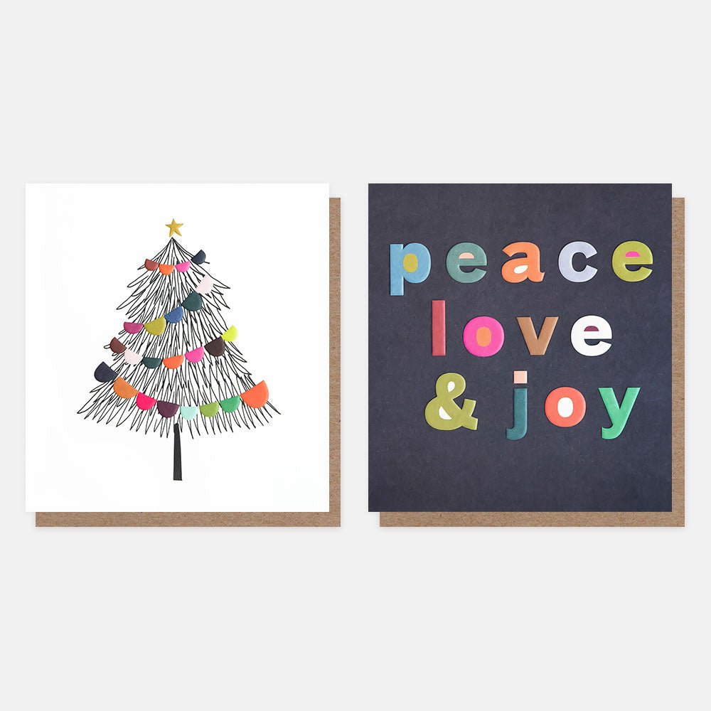 pack of 8 charity christmas cards with 2 designs, one christmas tree wiith colourful bunting, one with peace, love & joy slogan