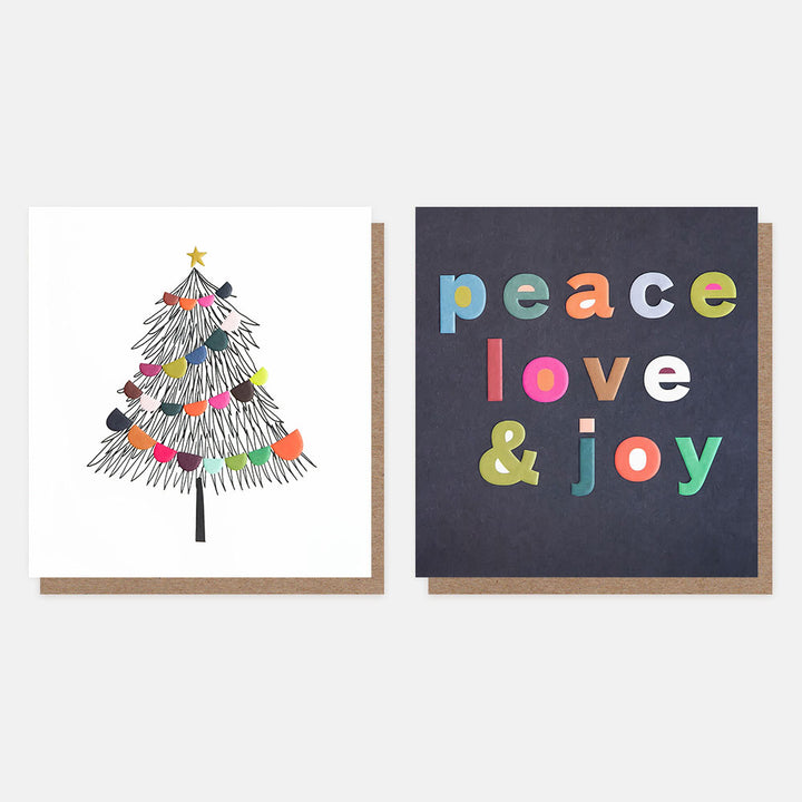 pack of 8 charity christmas cards with 2 designs, one christmas tree wiith colourful bunting, one with peace, love & joy slogan