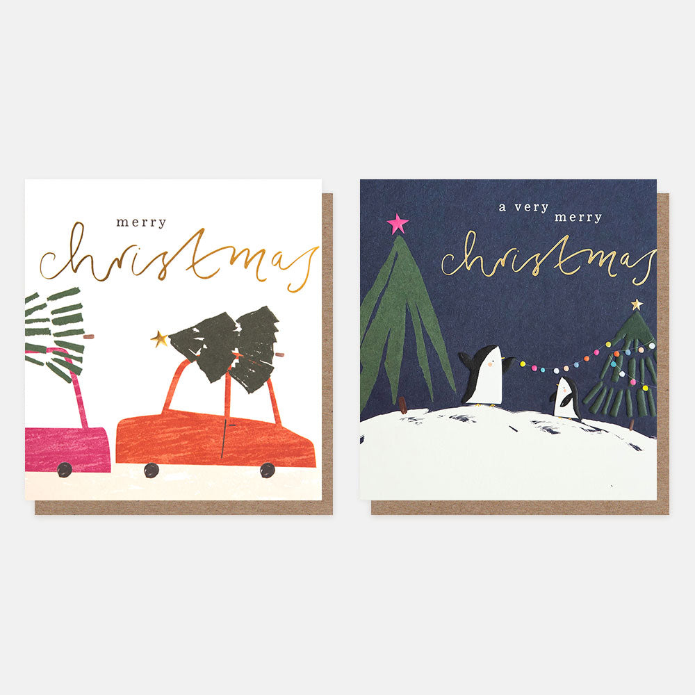 charity pack of 8 christmas cards with 2 deisgns, one penguins in a snowy scene, one car with Christmas trees strapped on top