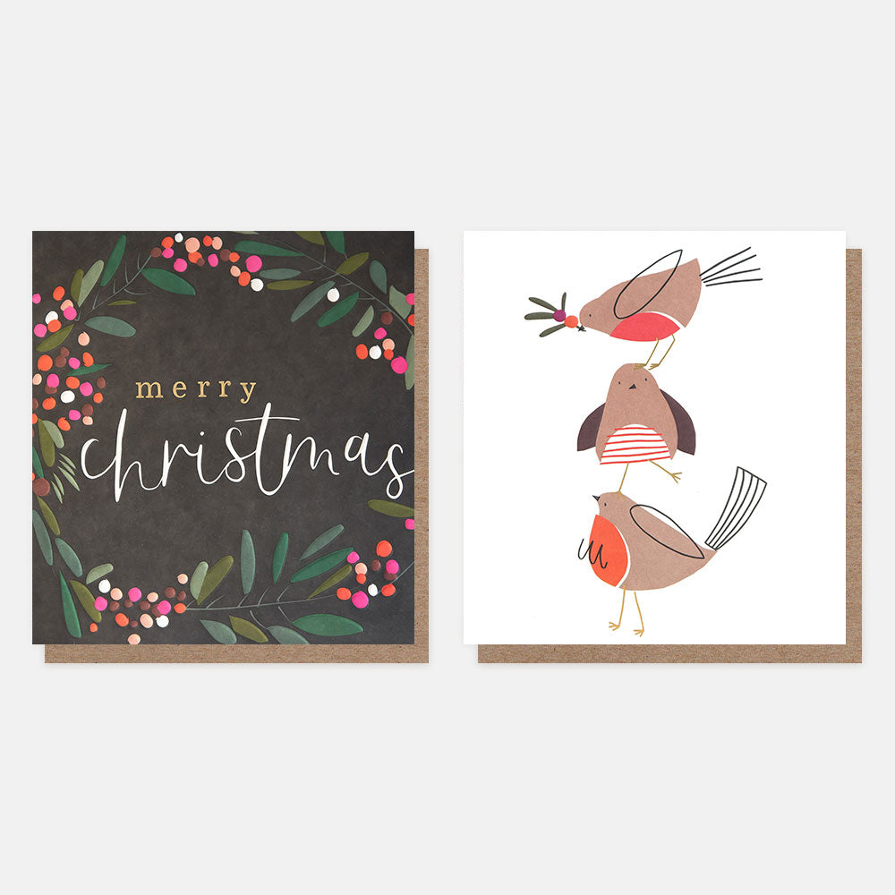 two Christmas card designs, one dark background with red & pink berries and foliage and merry Christmas wording, the other with 3 robins stood on top of each other