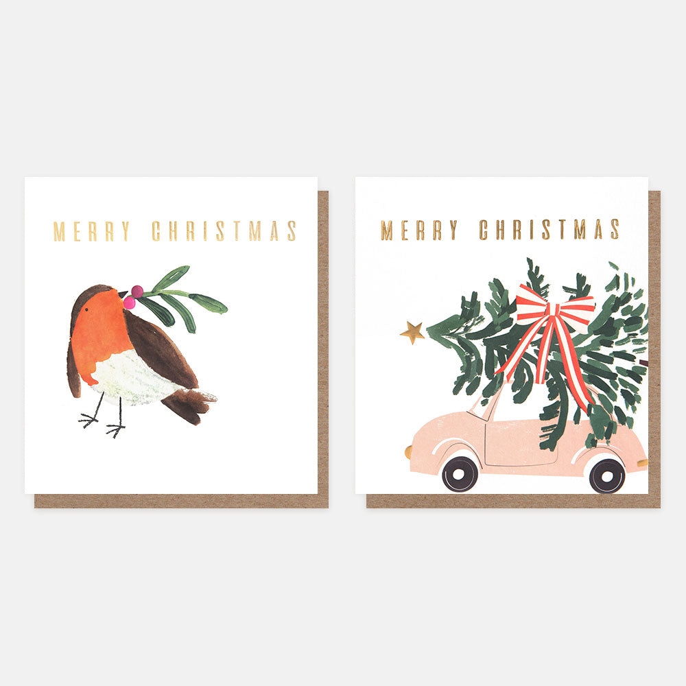 two Christmas card designs, one with a robin holding a festive sprig with red berries, the other with a pink car with Christmas tree and big red bow on top