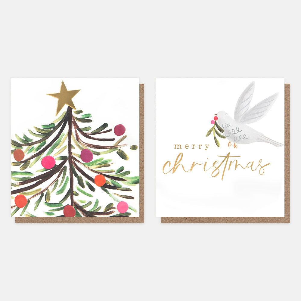 2 Christmas cards featuring designs of tree with red & pink baubles and a star on top, and a grey dove holding a festive sprig