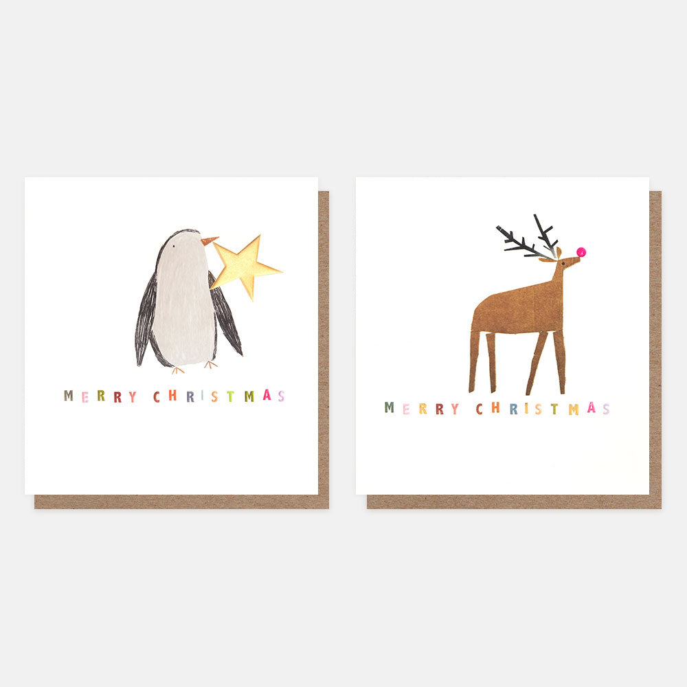 two different Christmas cards designs on white background, one featuring a penguin holding a gold star and the other with a pink nosed reindeer. 