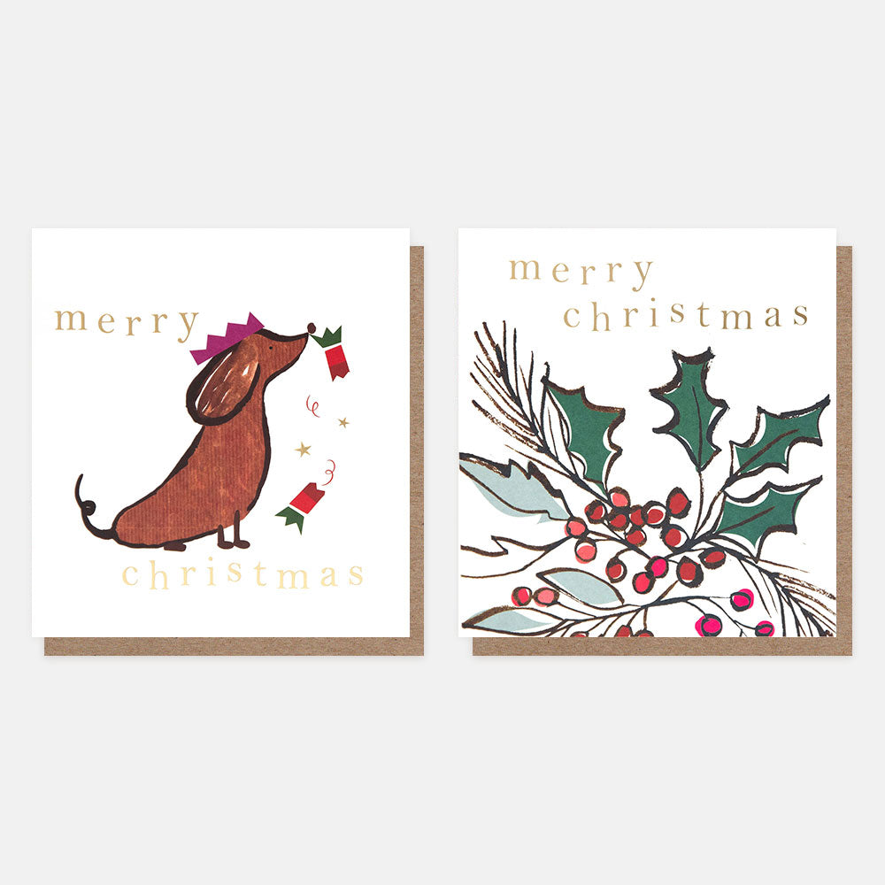 Two Christmas-themed cards with a dachshund and holly design on a white background.