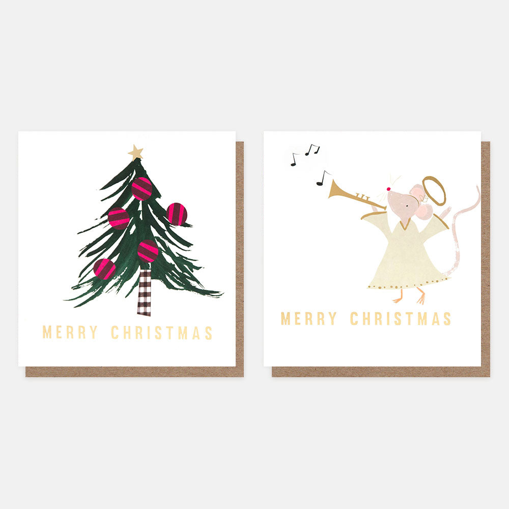 Two Christmas-themed cards with a tree and angel mouse design on a white background