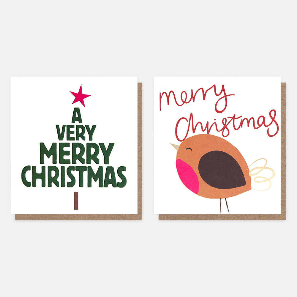 Two Christmas-themed cards with a tree and robin design on a white background