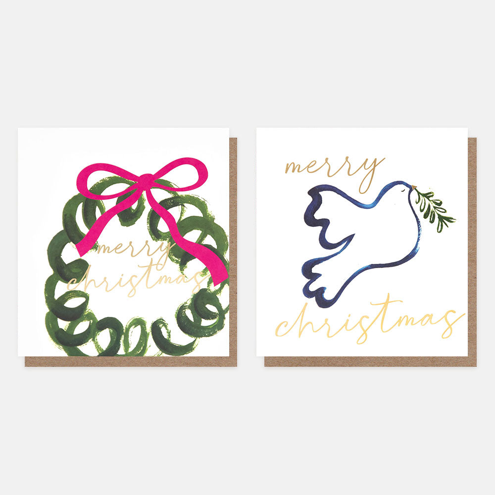 two christmas cards with designs of a hand drawn green wreath witgh pink bow, and dove with spring