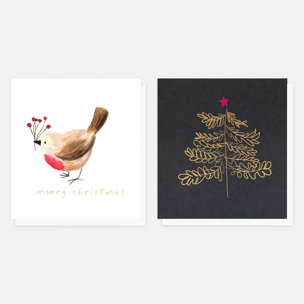 Two Christmas-themed cards featuring a robin on a white background and a gold tree on a dark background.