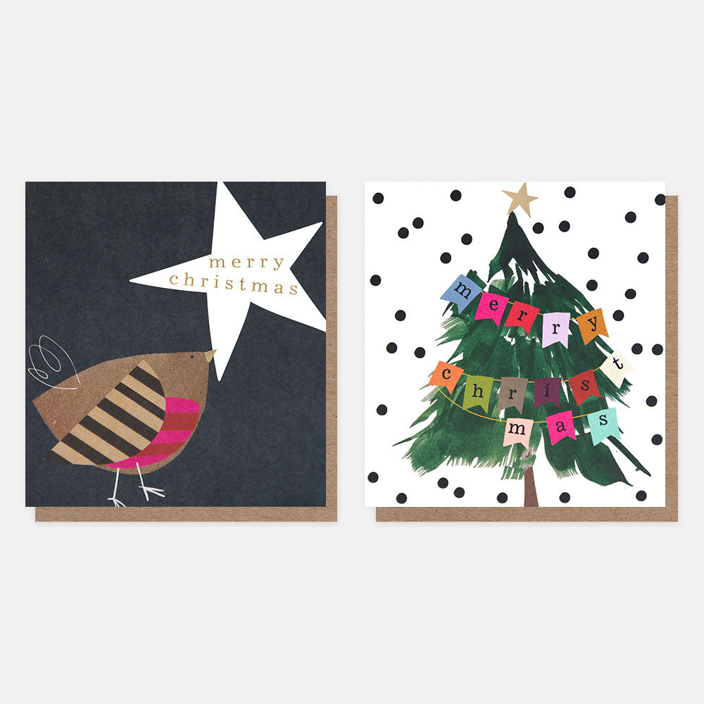 Two Christmas-themed greeting cards with a robin & star and a tree design.