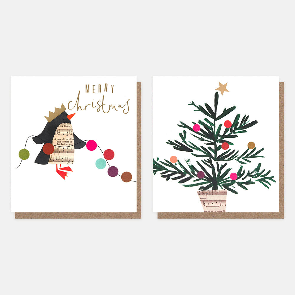Two Christmas-themed cards featuring a penguin and a decorated tree on a white background.