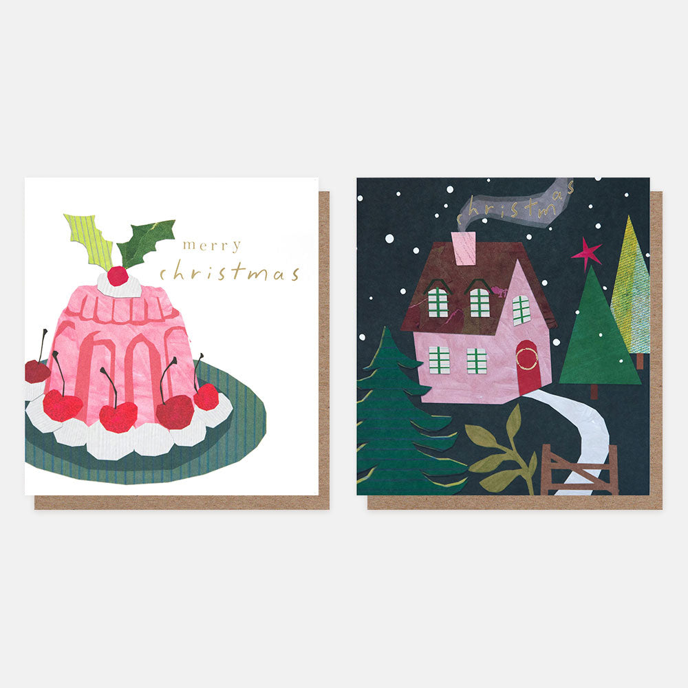 Two Christmas-themed cards featuring a cake and a house scene.