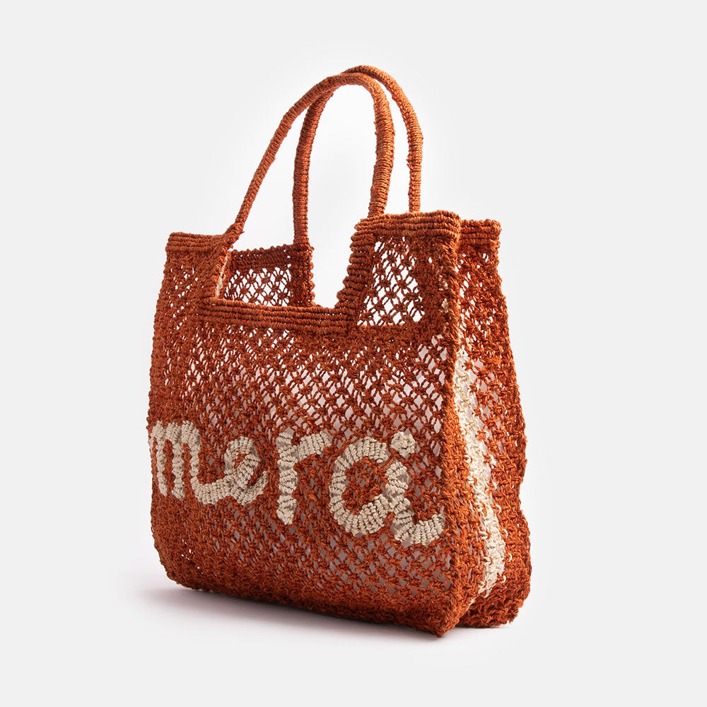 dark orange 'merci' slogan jute shopper bag