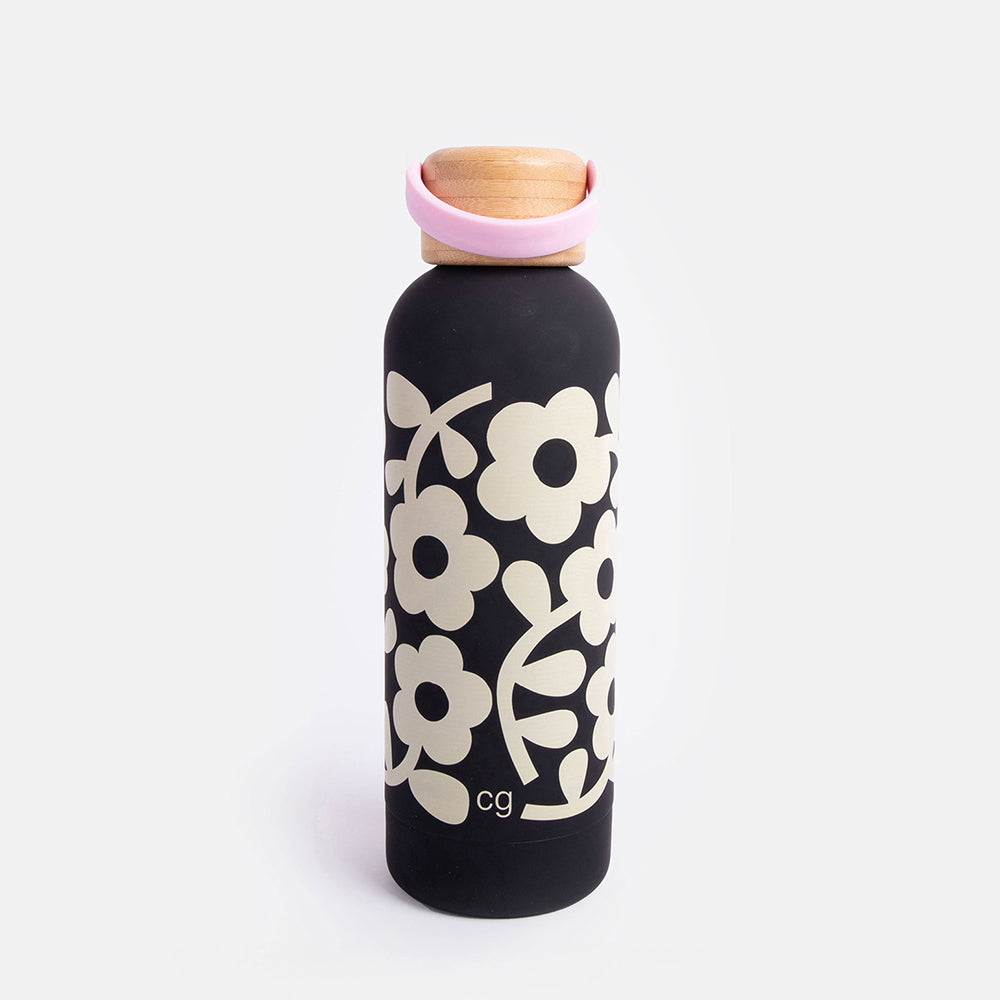 monochrome flower print metal water bottle