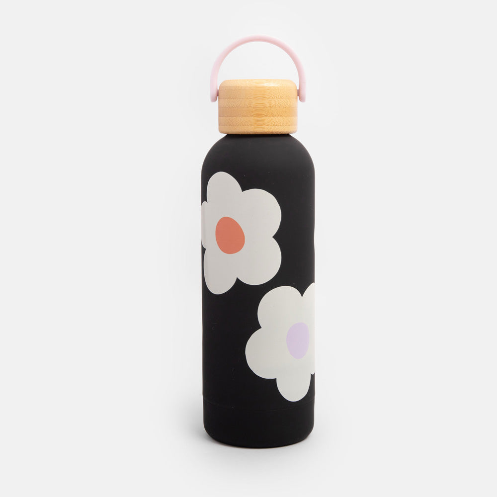 500ml metal water bottle with wooden leakproof lid and  big cream flowers on a charcoal background design