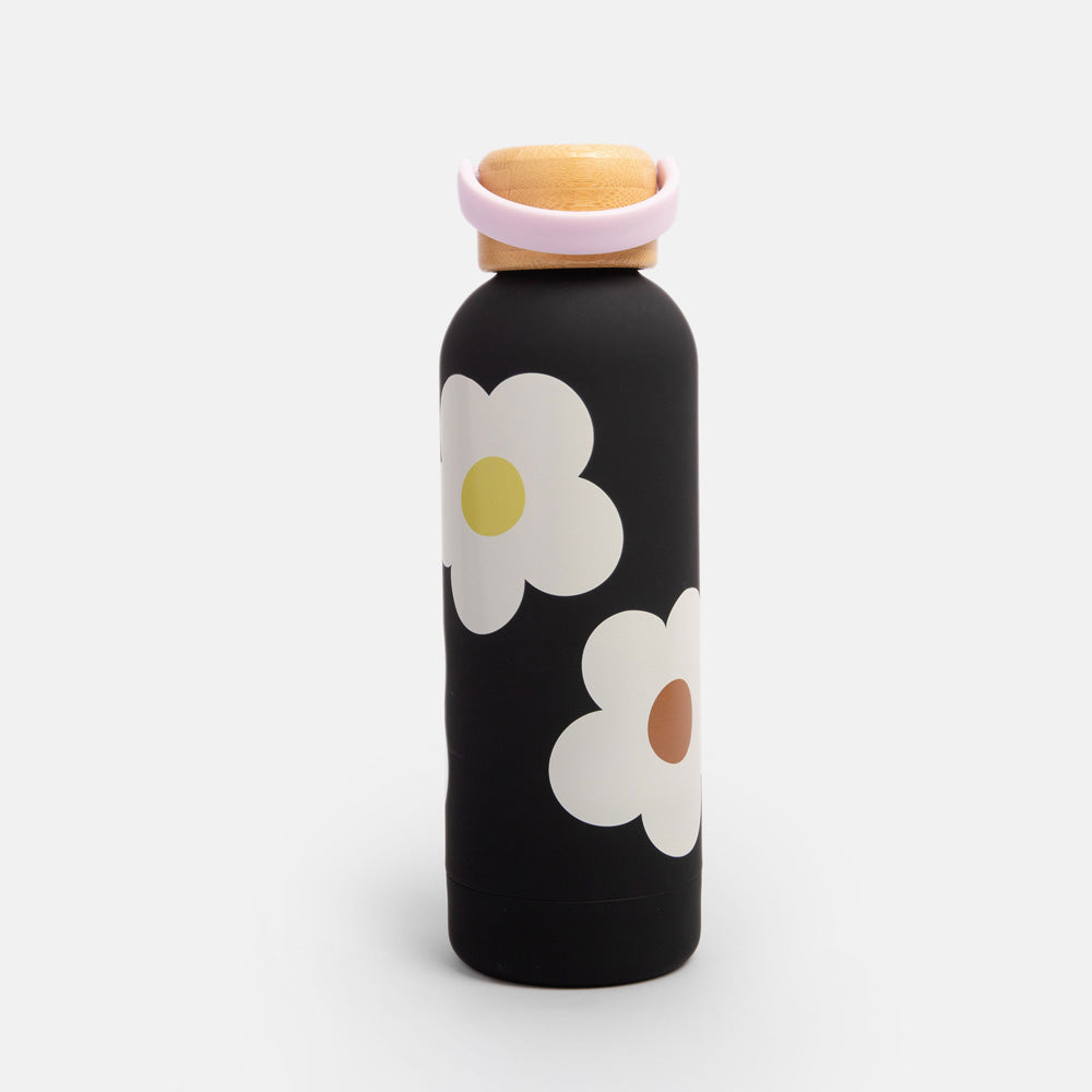 500ml metal water bottle with wooden leakproof lid and  big cream flowers on a charcoal background design
