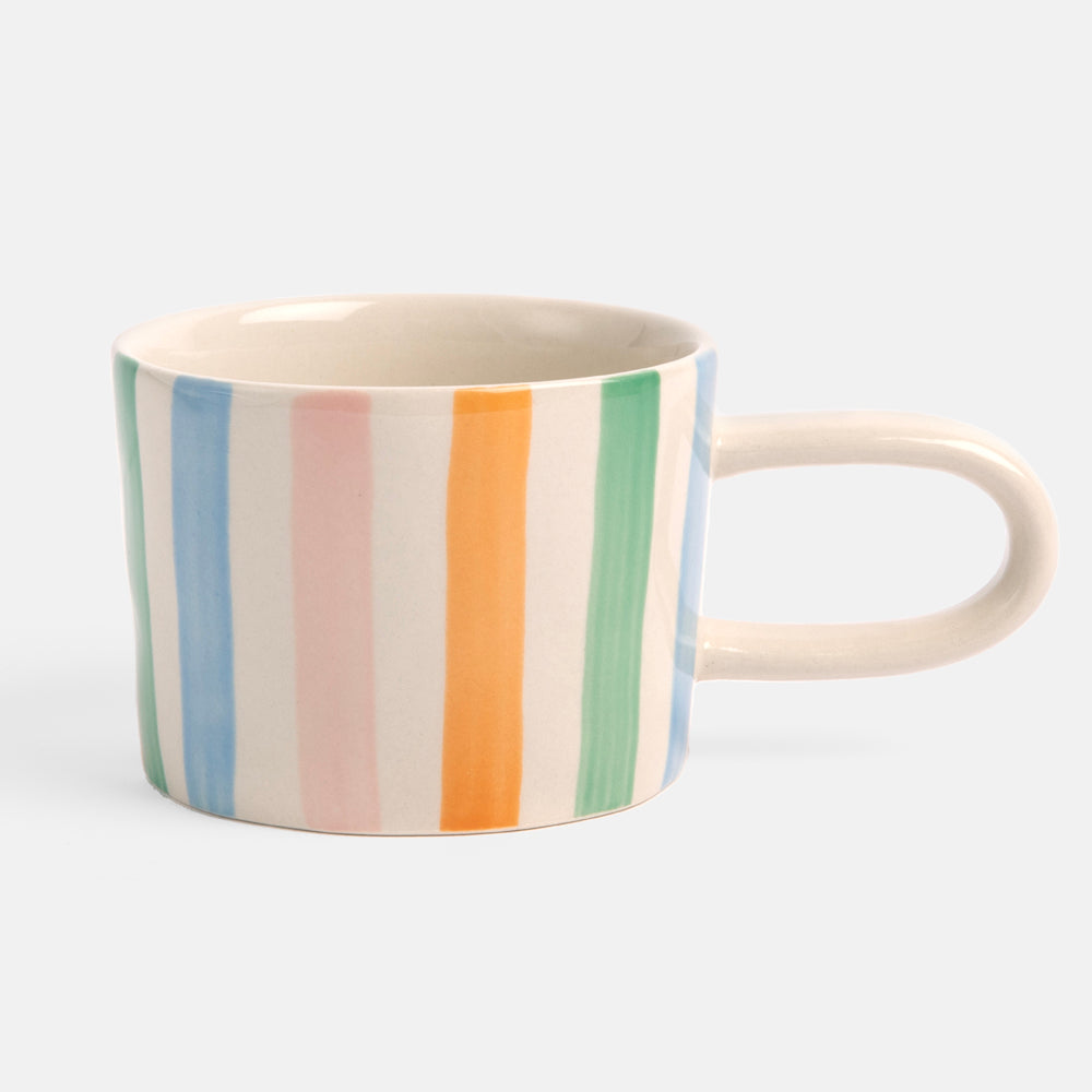multi coloured stripe hand painted stoneware mug