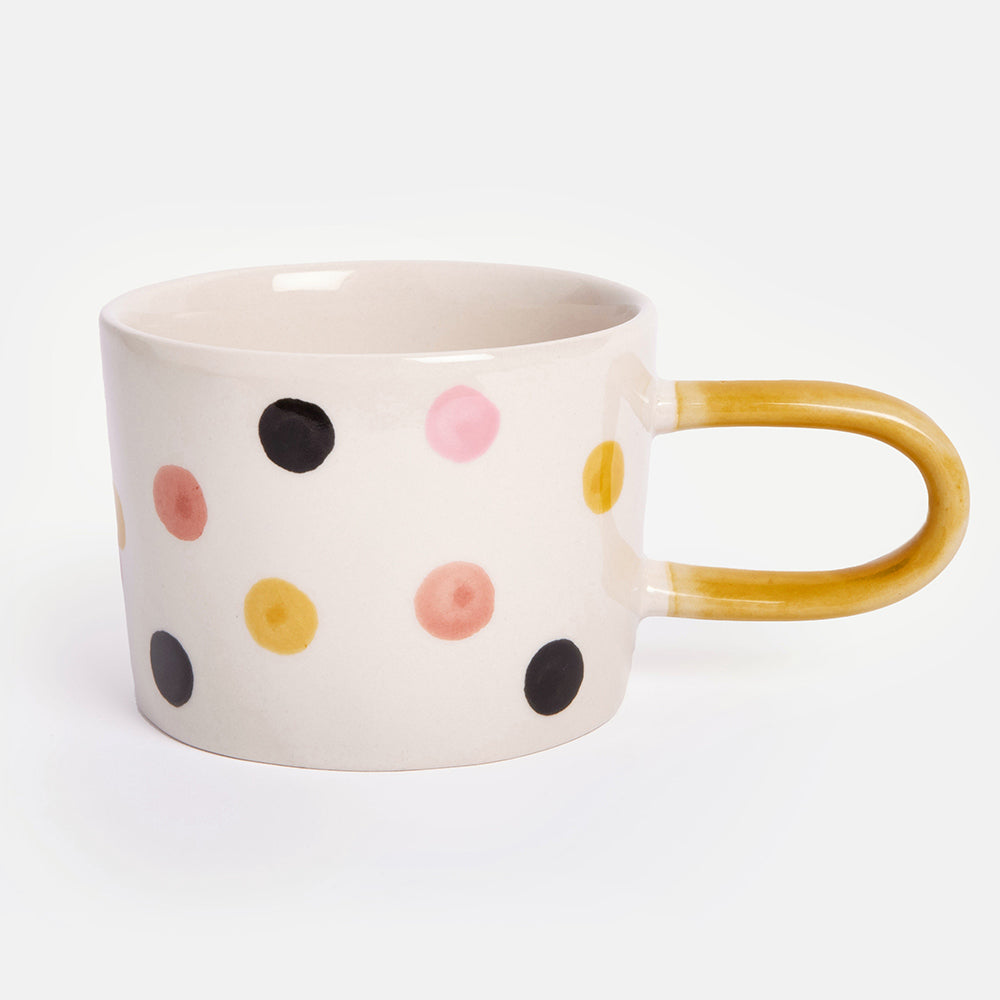 colourful spots ceramic stoneware mug with mustard yellow handle