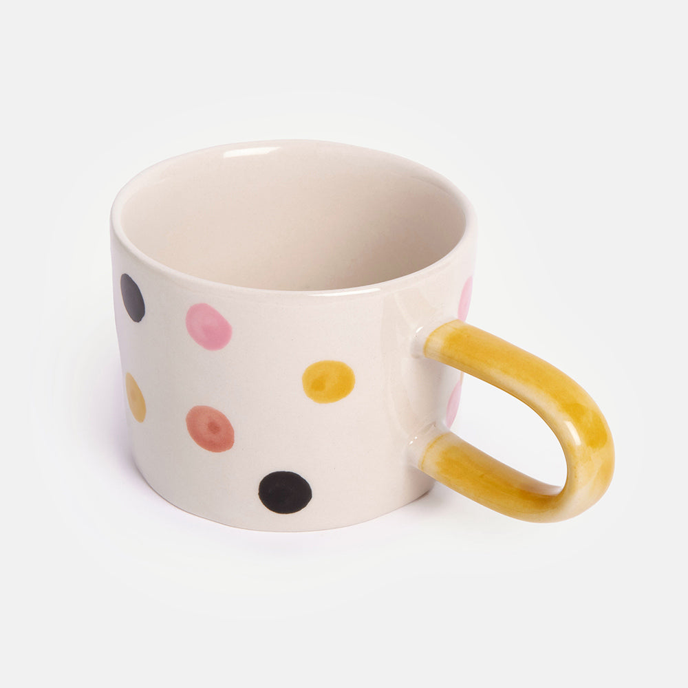 colourful spots ceramic stoneware mug with mustard yellow handle