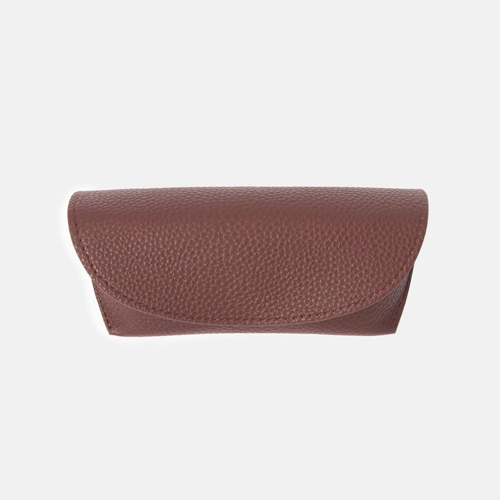 dark purple leather look overflap glasses case on a white background