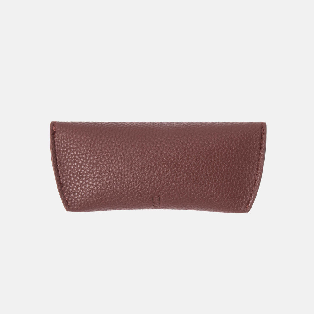 dark purple leather look overflap glasses case on a white background