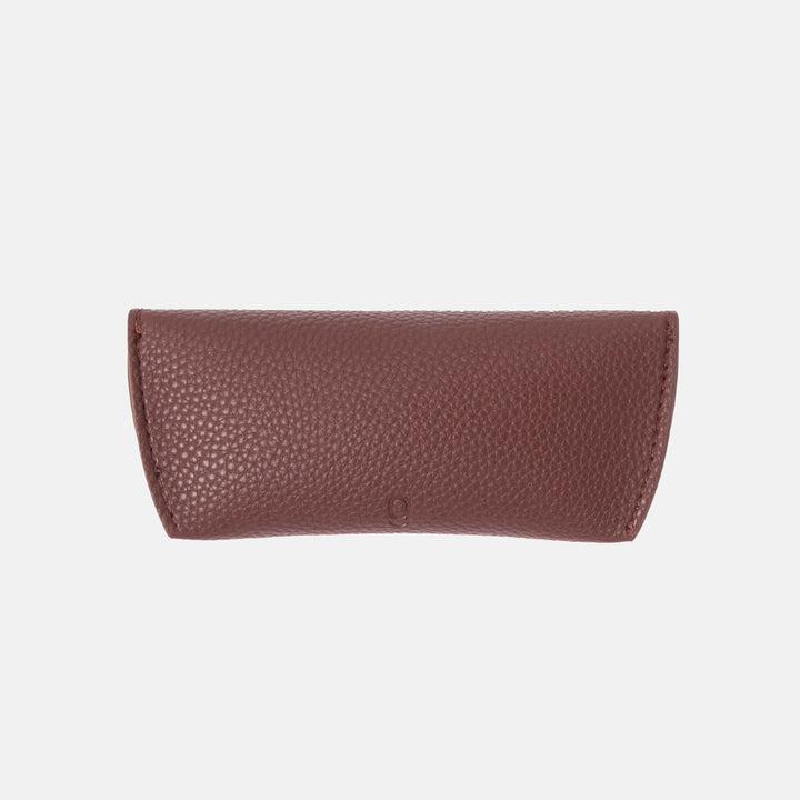 dark purple leather look overflap glasses case on a white background
